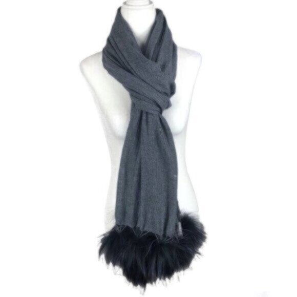NWT Randi & Will Merino Wool Silk Grey Warm Pom Pom Wrap Shawl Scarf 76 X 27.5 - Picture 1 of 9